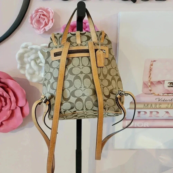 Vintage Coach Signature Jacquard Leather Trim Drawstring Flap Mini Backpack - Picture 2 of 4